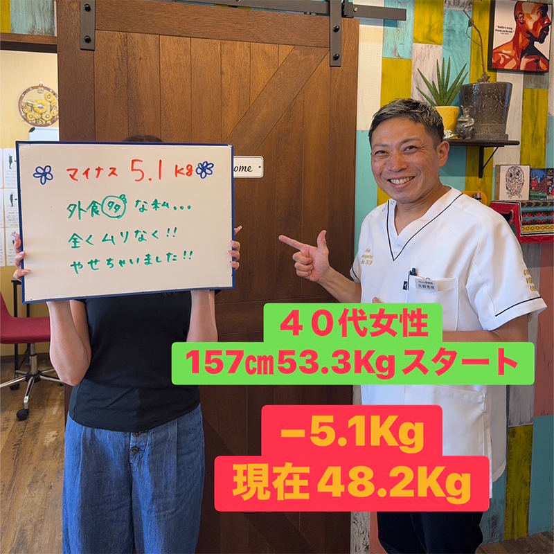 40代女性、53.3kgから48.2kgへ5.1kg減量したダイエット実績