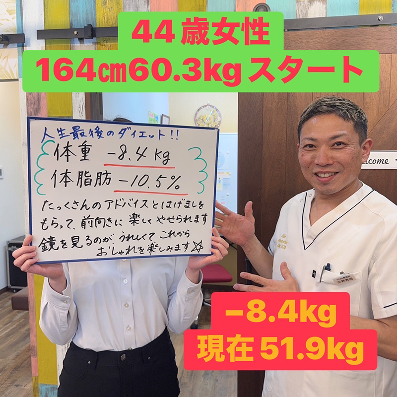 44歳女性、60.3kgから51.9kgへ8.4kg減量し体脂肪率も変化した実績