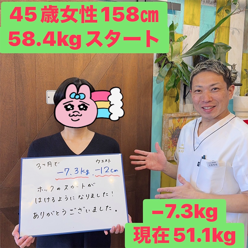 45歳女性、3か月で7.3kg減量しウエストが12cm変化した実績