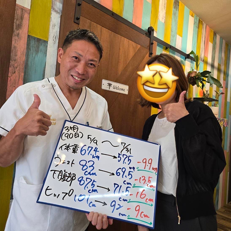 90日間で67.4kgから57.5kgへ9.9kg減量した実績